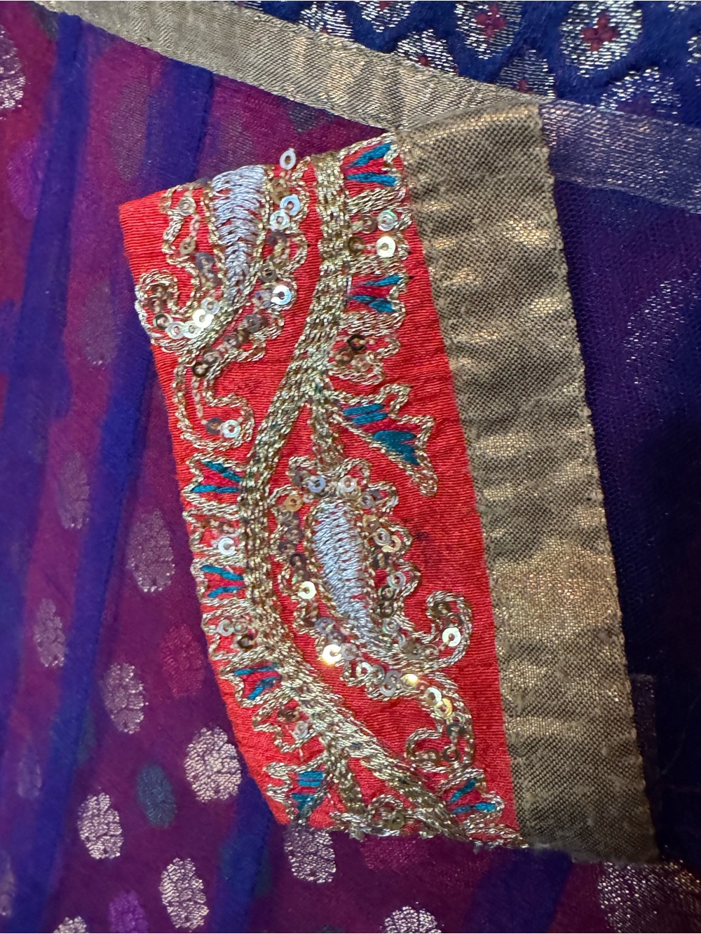 Handmade Royal Blue Red Anarkali Kurti Dress Sheer Sleeves Brocade Small 41" - Picture 2 of 9